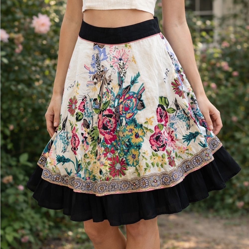 Modbe Floral Skater Skirt XS Cottagecore Boho Garden Print Cotton Ruffle Hem